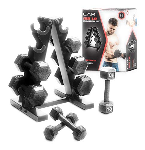 Cap Barbell 100 Lb Cast Iron Hex Dumbbell Weight Set with Rack  Black - Image 1
