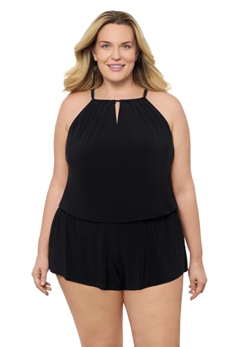 Aqua Green Women's Standard Keyhole Blouson Slimming Swim Romper with Pocket, Black - Image 2