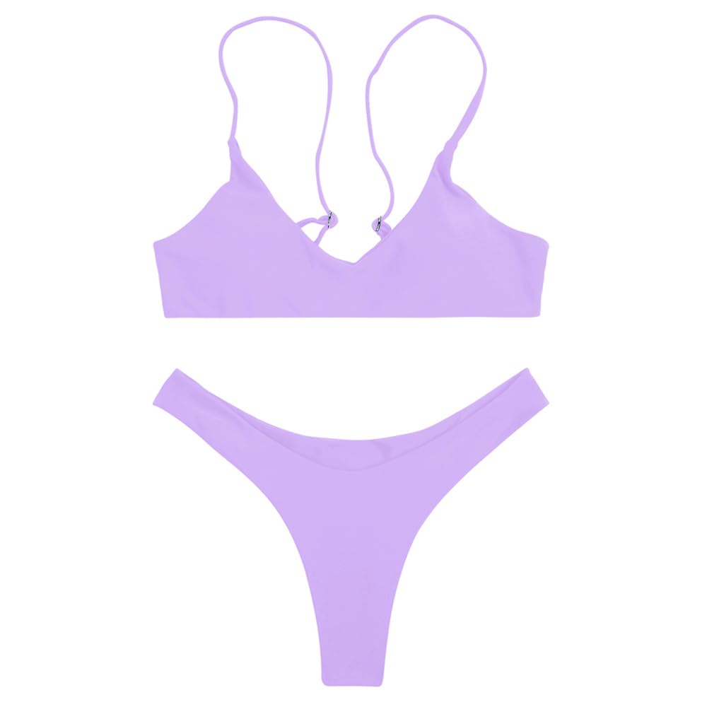SherryDC Women's Solid Scoop Neck Push Up Padded Brazilian Thong Bikini Swimsuit,Lavender,XL - Image 2
