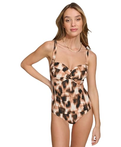 DKNY Women's Sweatheart Neckline One Piece Swimsuit with Tummy Control, Leopard, Large - Image 2