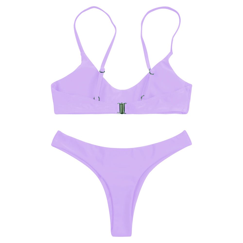 SherryDC Women's Solid Scoop Neck Push Up Padded Brazilian Thong Bikini Swimsuit,Lavender,XL - Image 3