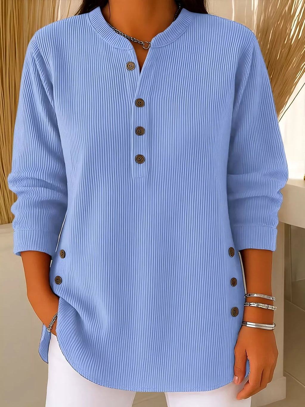 Full Size Button Detail Long Sleeve Top Plus Size