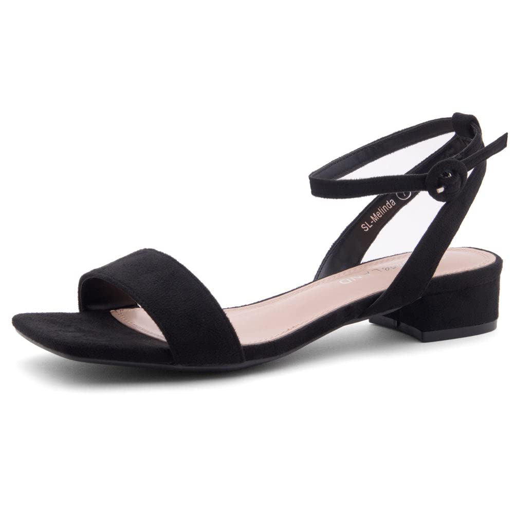 Shoe Land Women's Low Heels Dressy Sandals for 2025-1 Inch Chunky Block Short Heels | Square Open Toe with Adjustable Ankle Strap | Wedding & Party Heeled Sandals, 1901Black, Size 10.0, SL-Melinda - Image 1