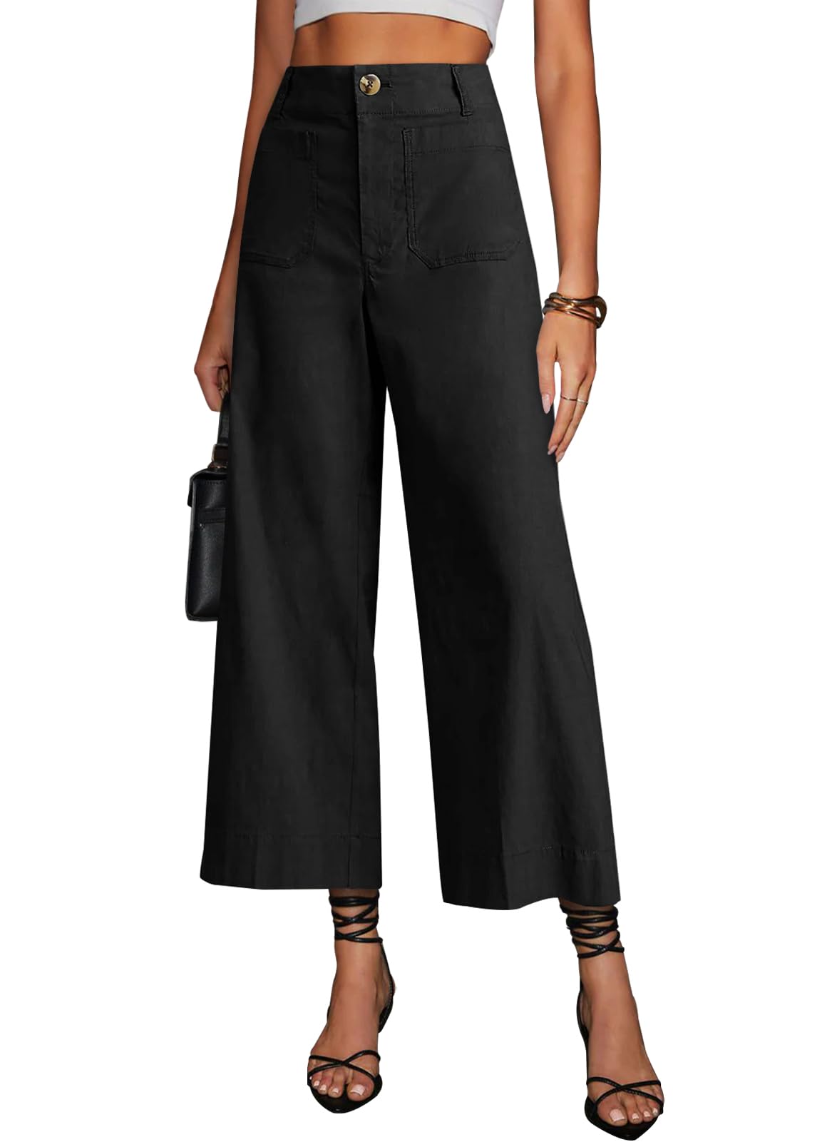 miduo Womens Fashion Plus Size Button High Waisted Zipper Cropped Wide Leg Straight Leg Capris Pants with Pockets Black 31 - Image 1