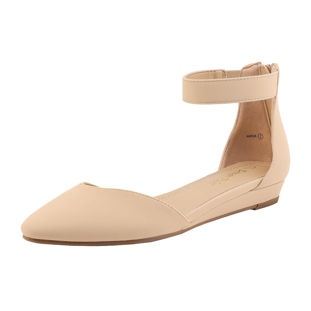 DREAM PAIRS Women's Low Wedge Round Toe Ankle Strap Dress Comfortable Casual Flats Shoes,Size 9,Nude/Nubuck,AMIGA - Image 1