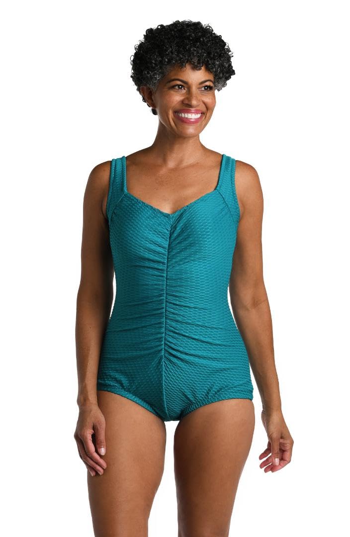 Maxine of Hollywood Women's Standard Spa Shirred Girl Leg One Piece Swimsuit, Emerald//Solids, 14 - Image 1