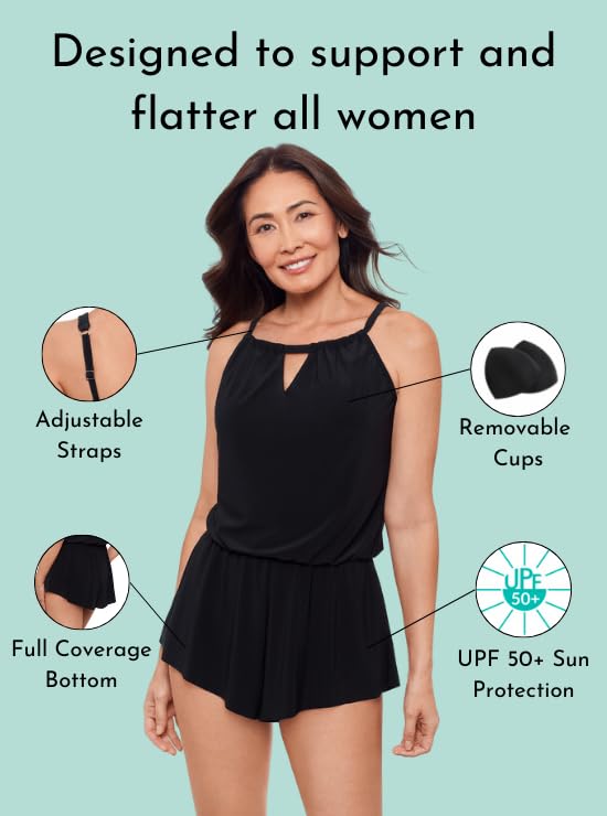 Aqua Green Women's Standard Keyhole Blouson Slimming Swim Romper with Pocket, Black - Image 5