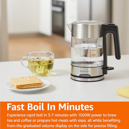 Amazon Basics Electric Kettle with Glass Carafe for Tea and Coffee, BPA-Free, Fast Boiling, Auto Shut-Off, 1.1 Quarts, 1500W, Glass and Steel - Image 2