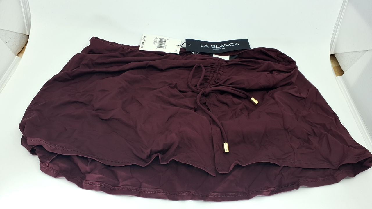 Island Goddess Asymmetrical Skirted Swimsuit Bottom, Size 12, Dark Cherry