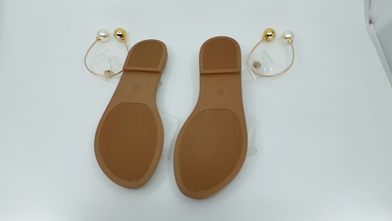 Lightweight Women's Flat Sandals Clear Straps Pearl Decor Apricot 5.5