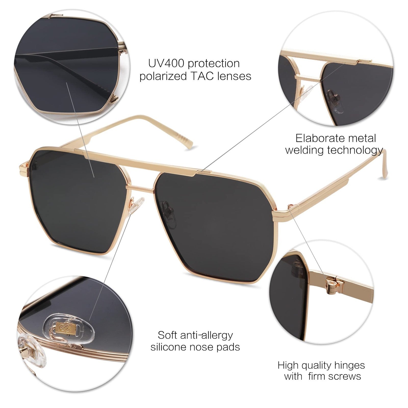 SOJOS Retro Oversized Square Polarized Sunglasses Gold/Black 60mm