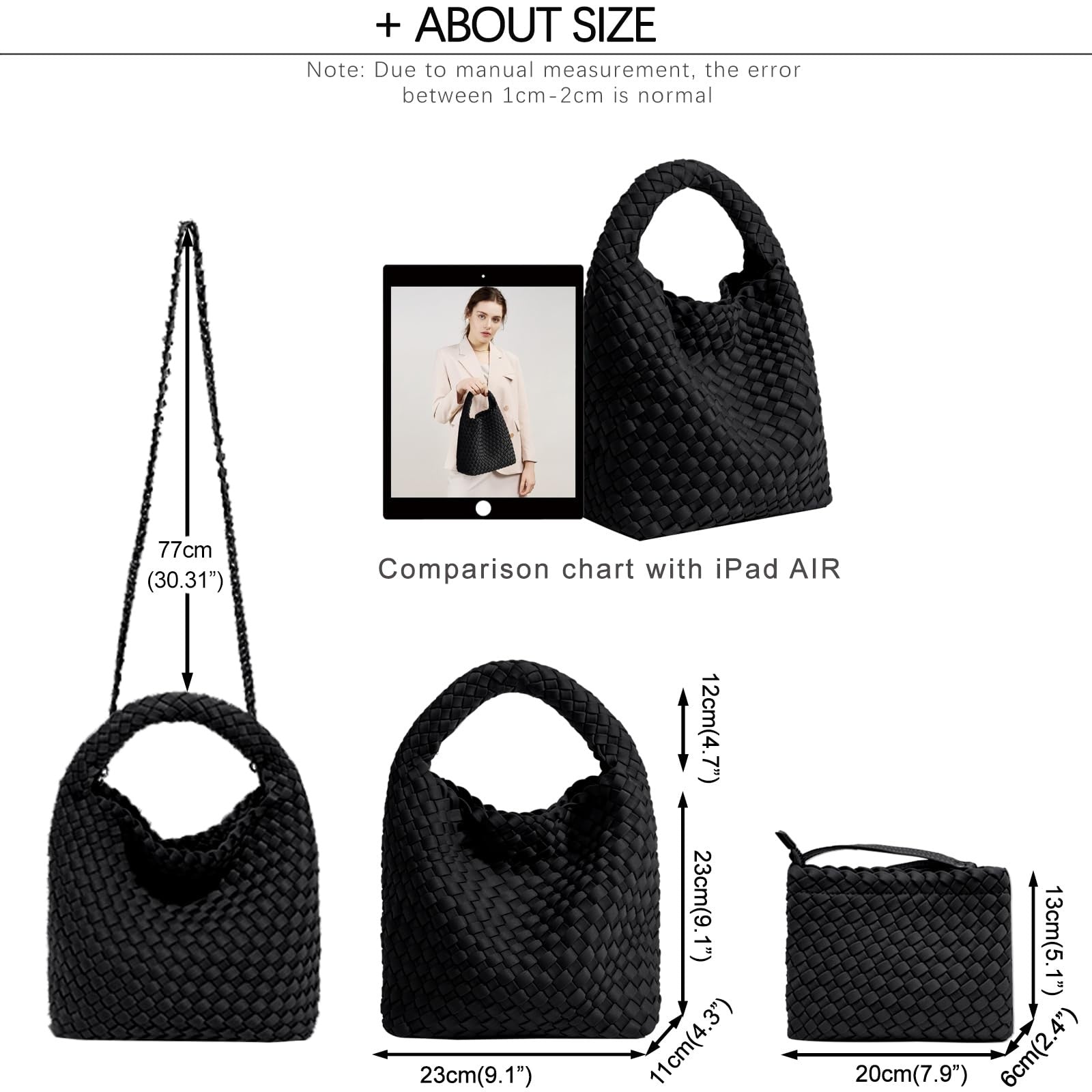 Ladies Black Neoprene Woven Tote Bag & Wallet - Adjustable Shoulder Bag