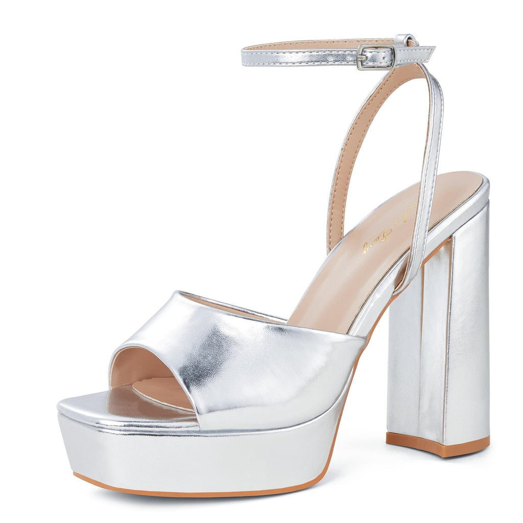 Silver Chunky Heeled Platform Sandals, 4.7 In, Size 8.5, Open Toe