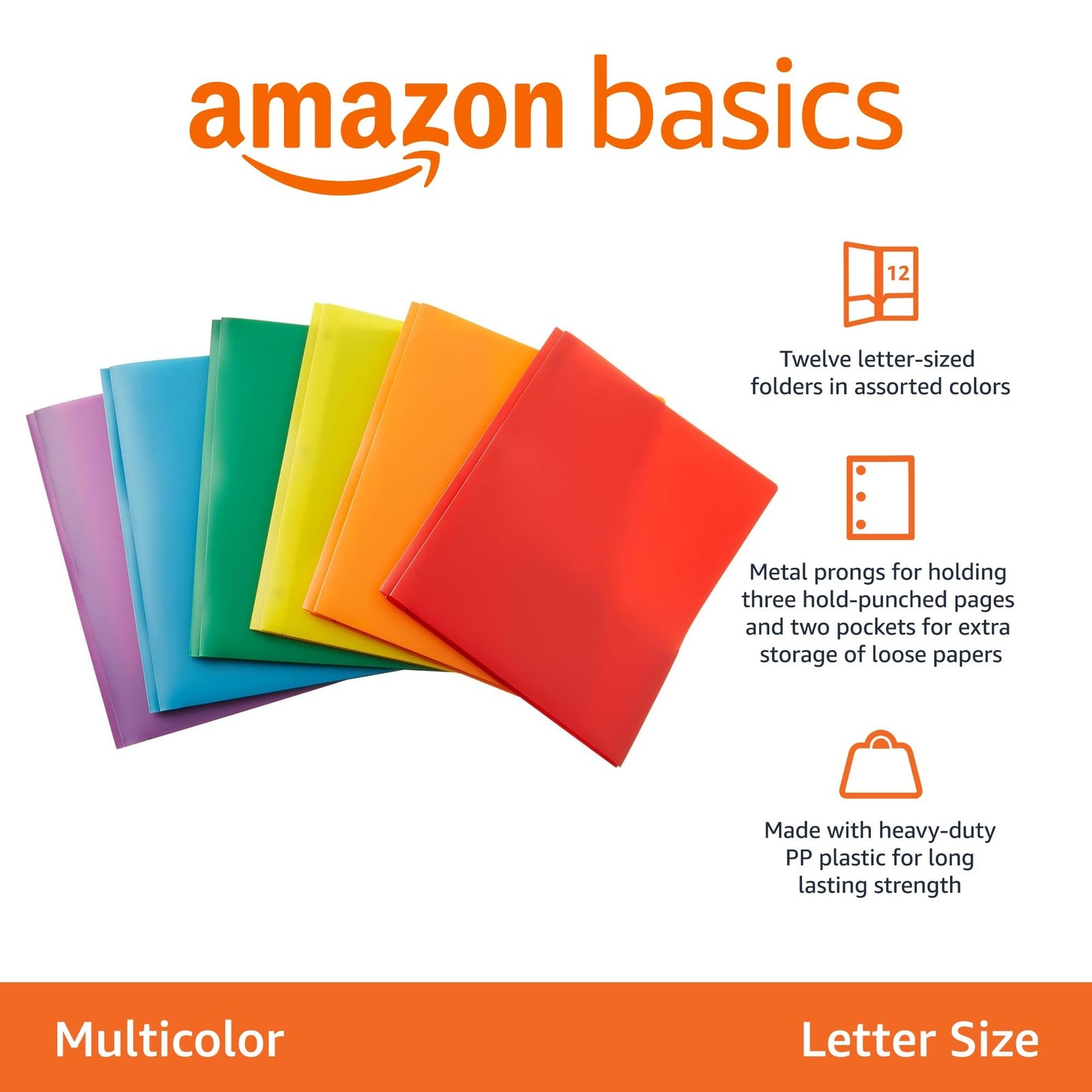 Assorted Color Plastic Folders, 12-Pack, 2 Pockets for Letter Size