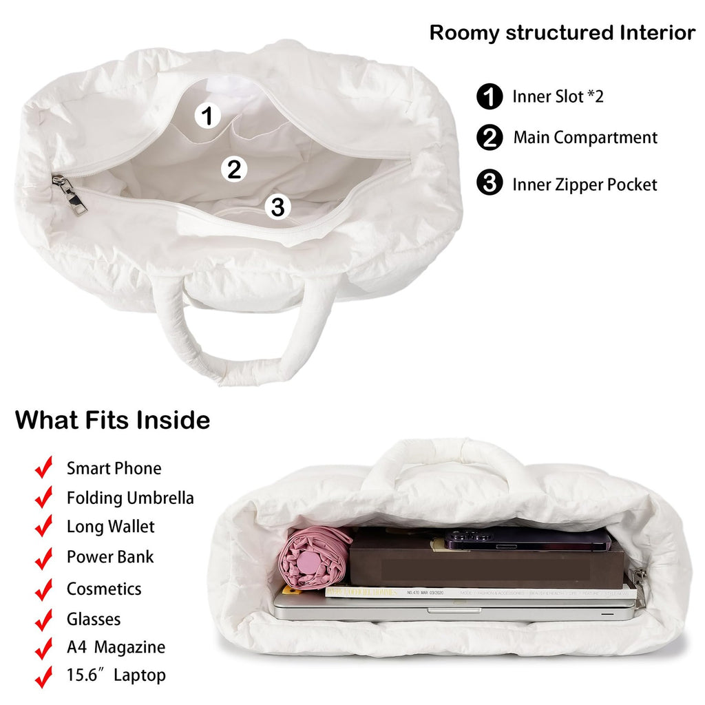 Lightweight White Quilted Puffer Tote Bag, Women's Large Handbag