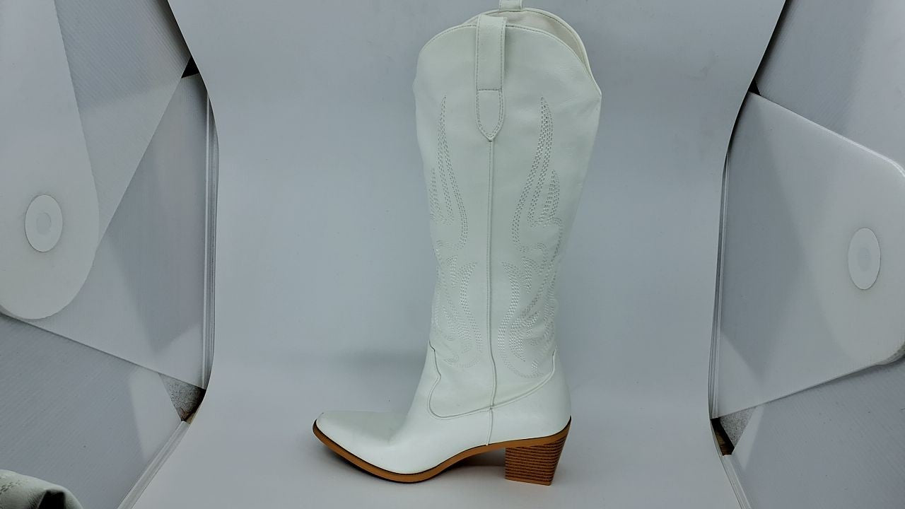 Embroidered White Cowboy Boots for Women, 8 Wide, Chunky Heel, Knee High