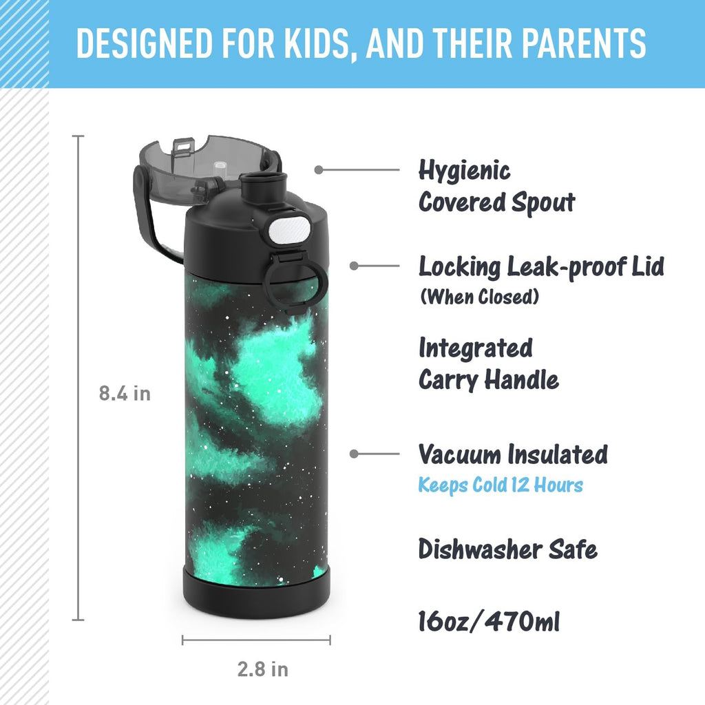 THERMOS FUNtainer 16 Oz Insulated Bottle, Stainless Steel, Galaxy Green