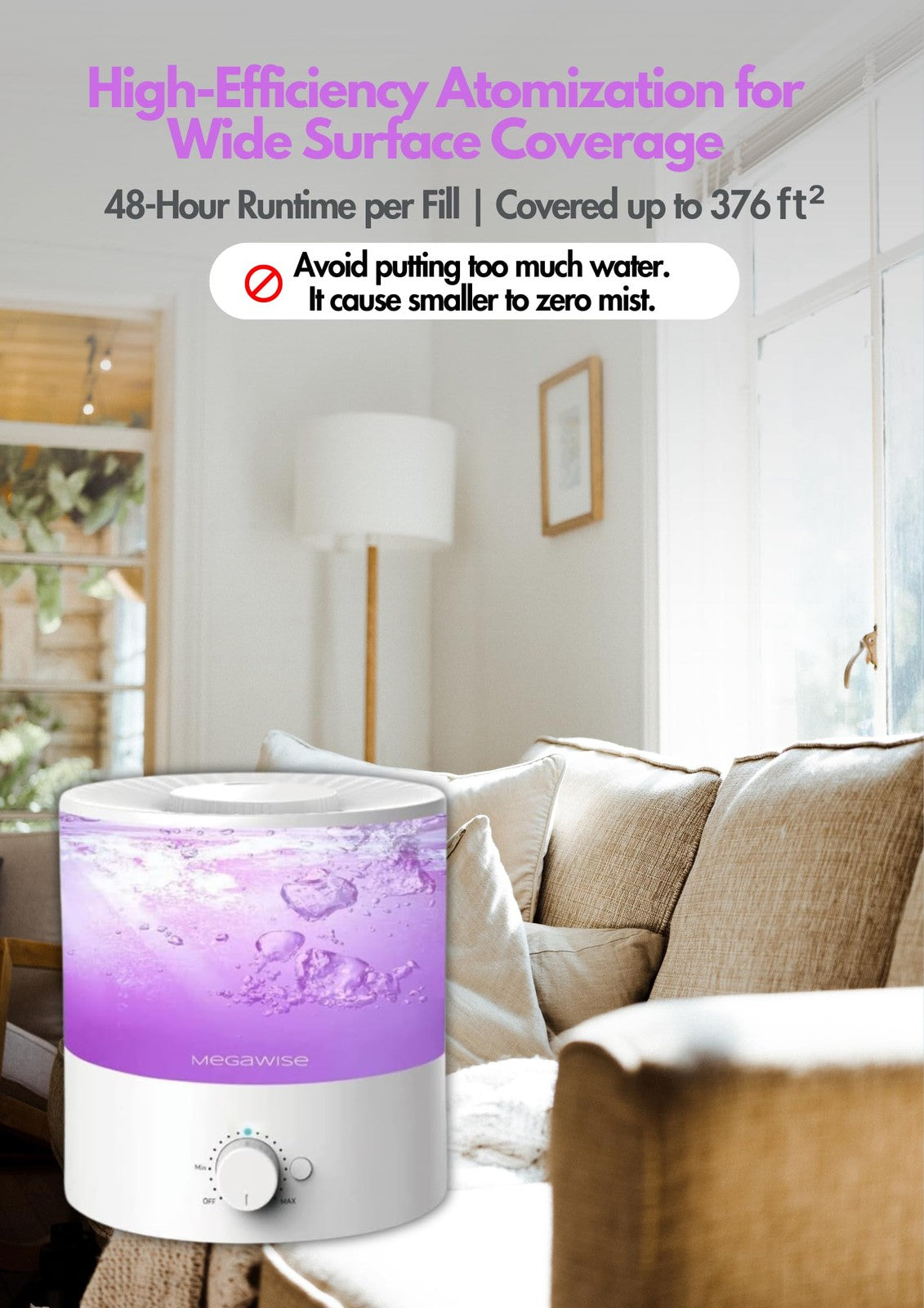 Megawise 2L Cool Mist Humidifier, Top Refill, 7-Color Night Light