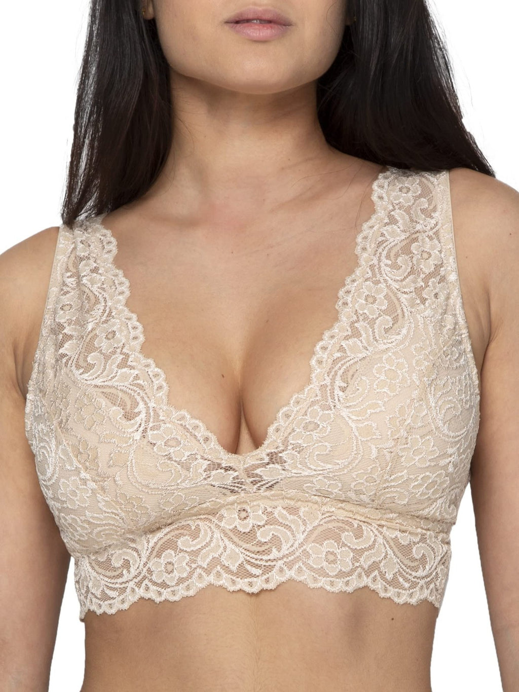 Signature Lace Wireless Bralette, Deep V, Medium, In the Buff Color