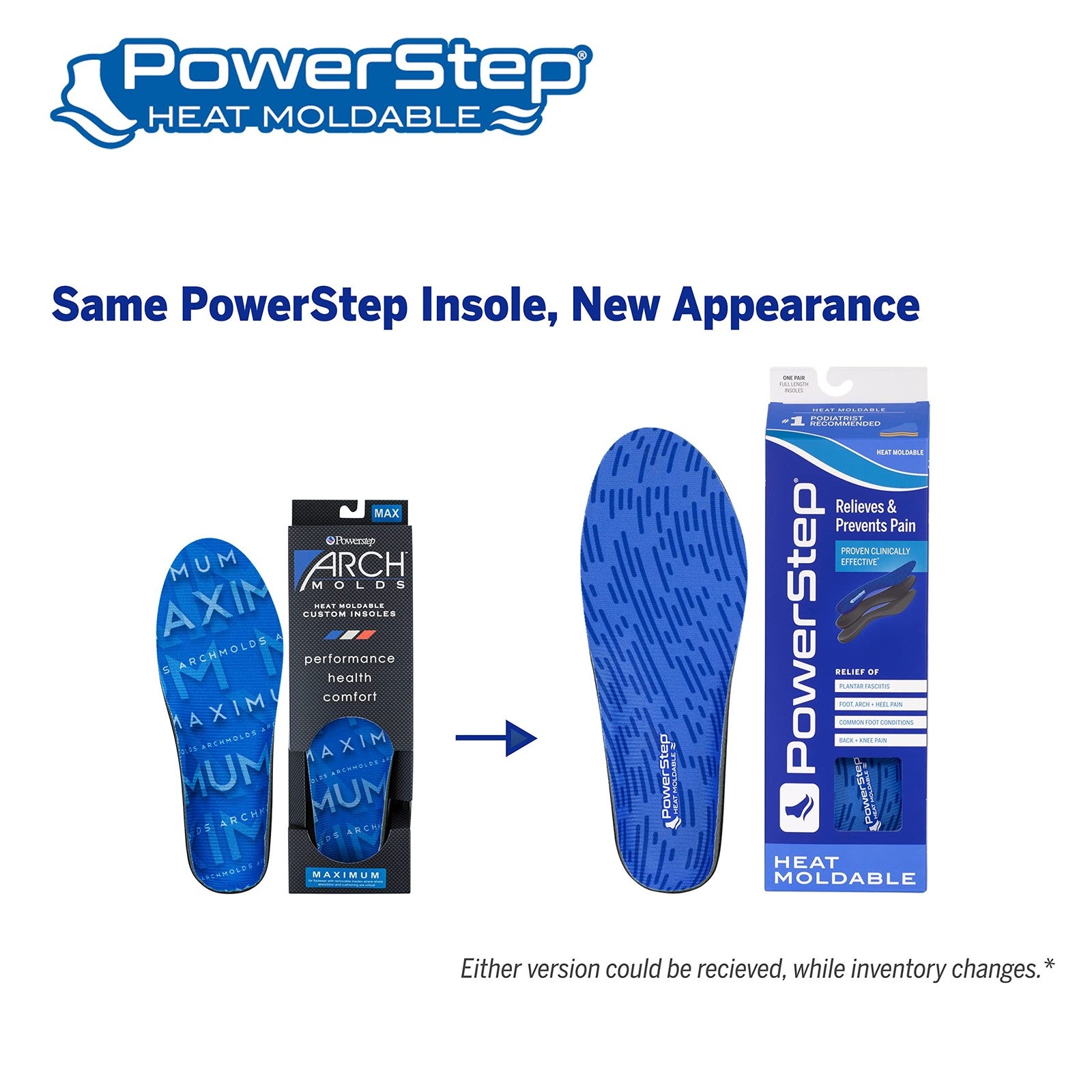PowerStep Arch Support Insoles Heat Moldable Blue Men's 9-9.5 Women's 10.5-11