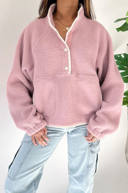 Half Button Zip Pocket Plush Sweatshirt