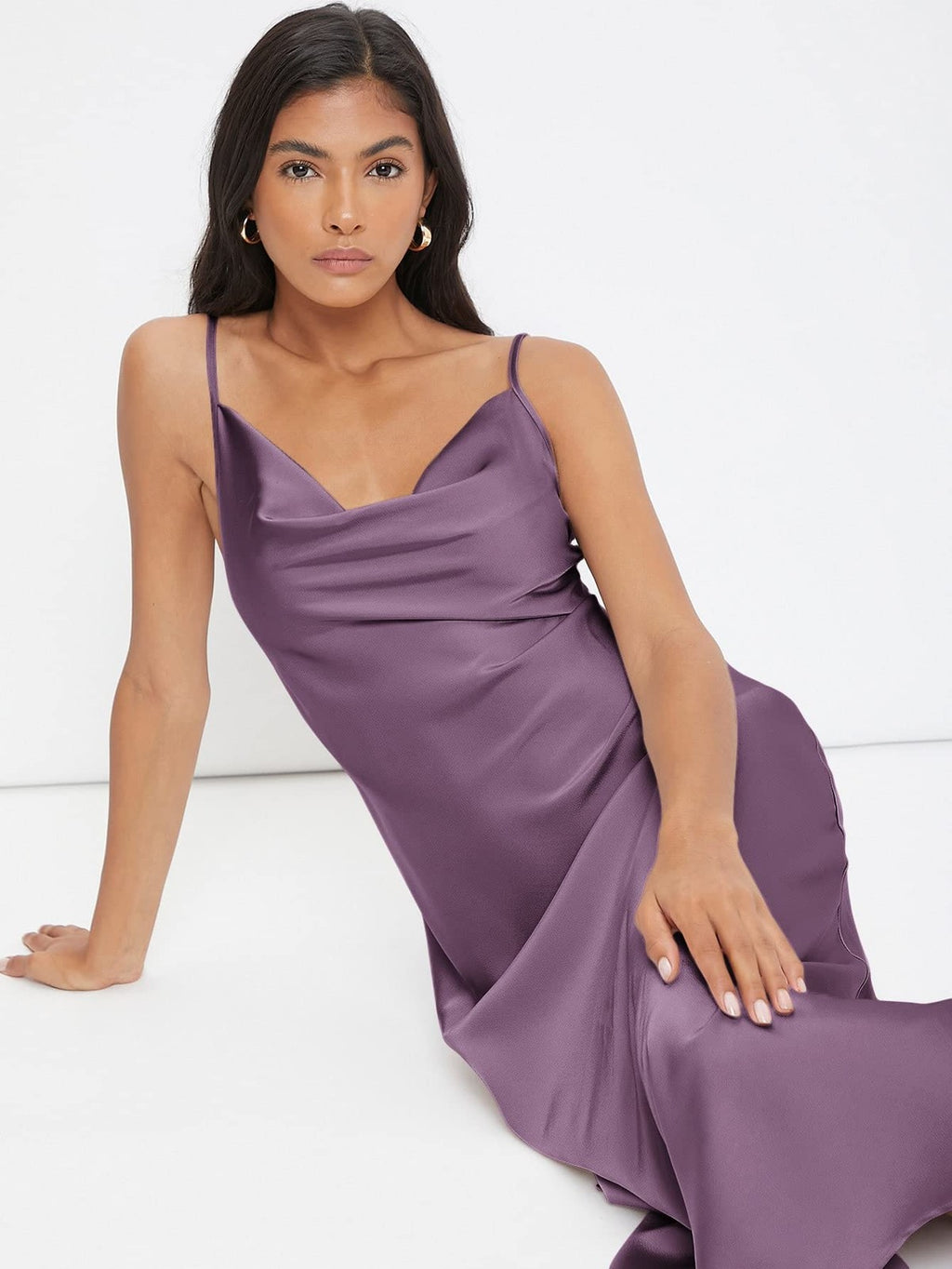 Floerns Purple Silk Cowl Neck Spaghetti Strap Midi Dress XS