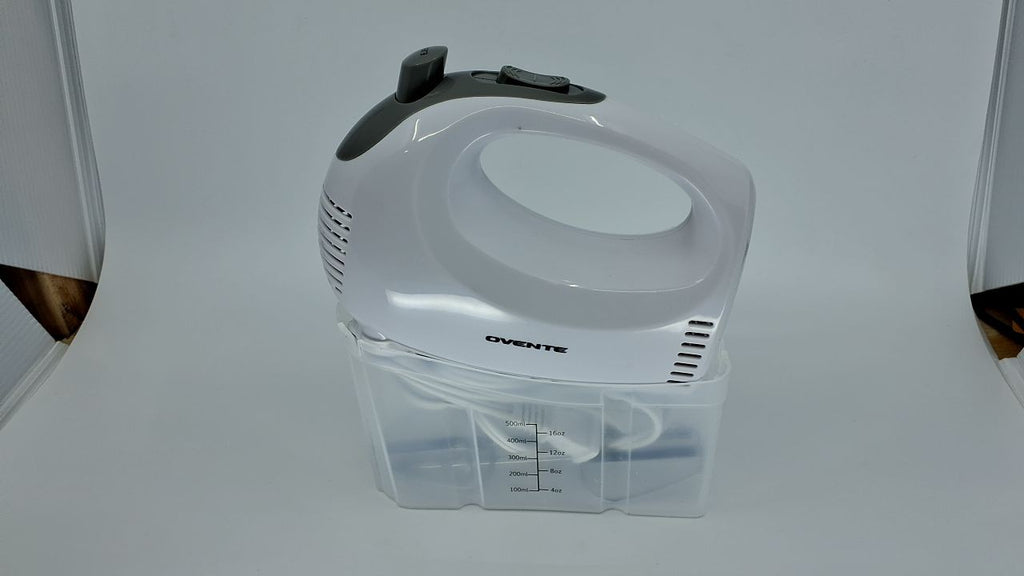 OVENTE 5-Speed Hand Mixer 150W White w/ Storage Case & Whisk Attachments