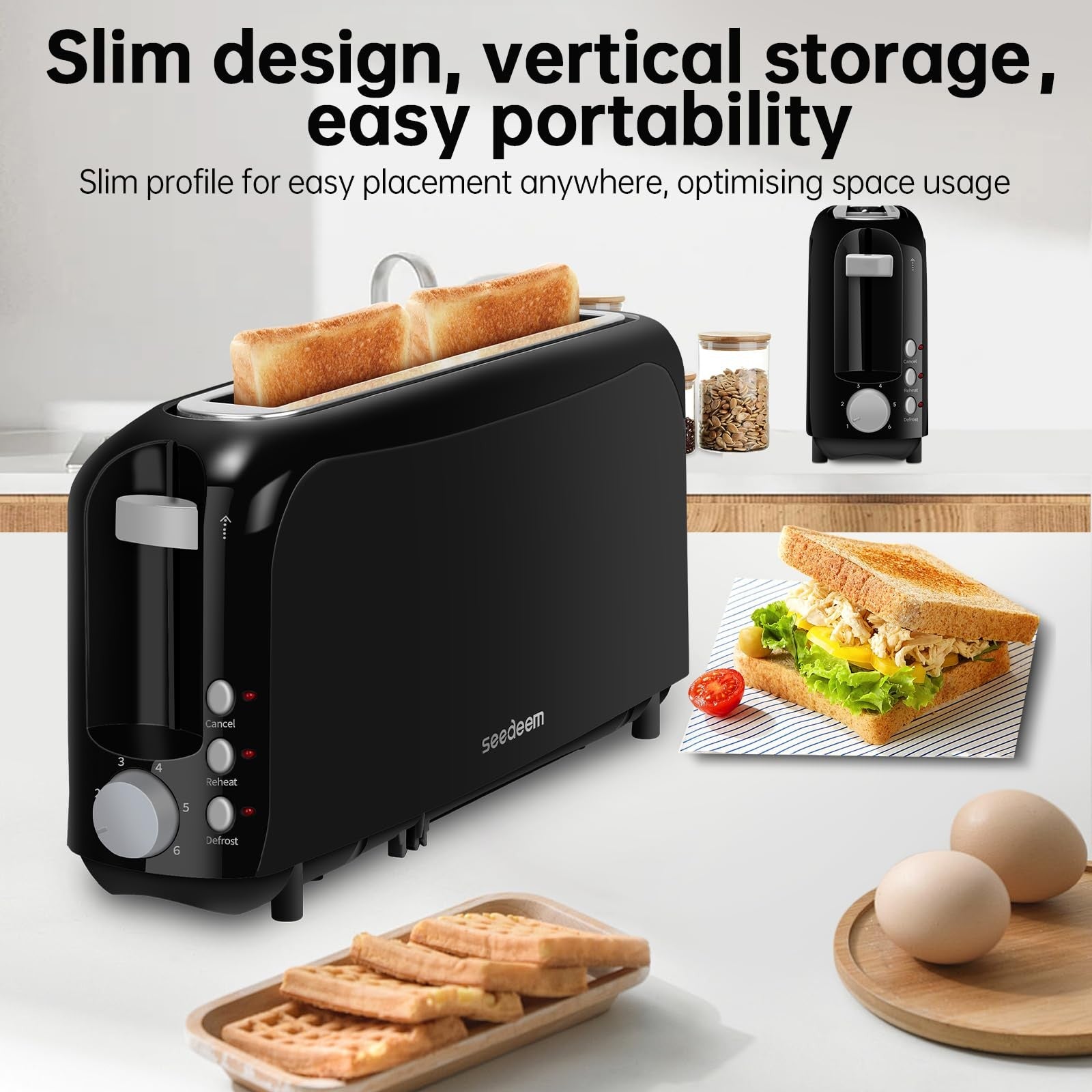 2 Slice Toaster, 10" Long Slot, Black, Cancel/Reheat/Defrost Function
