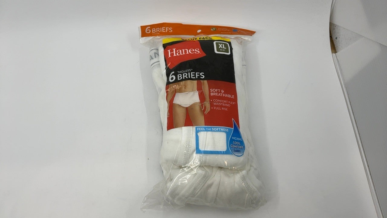 Hanes Men's X-Large Tagless Briefs 6-Pack, White Cotton Blend