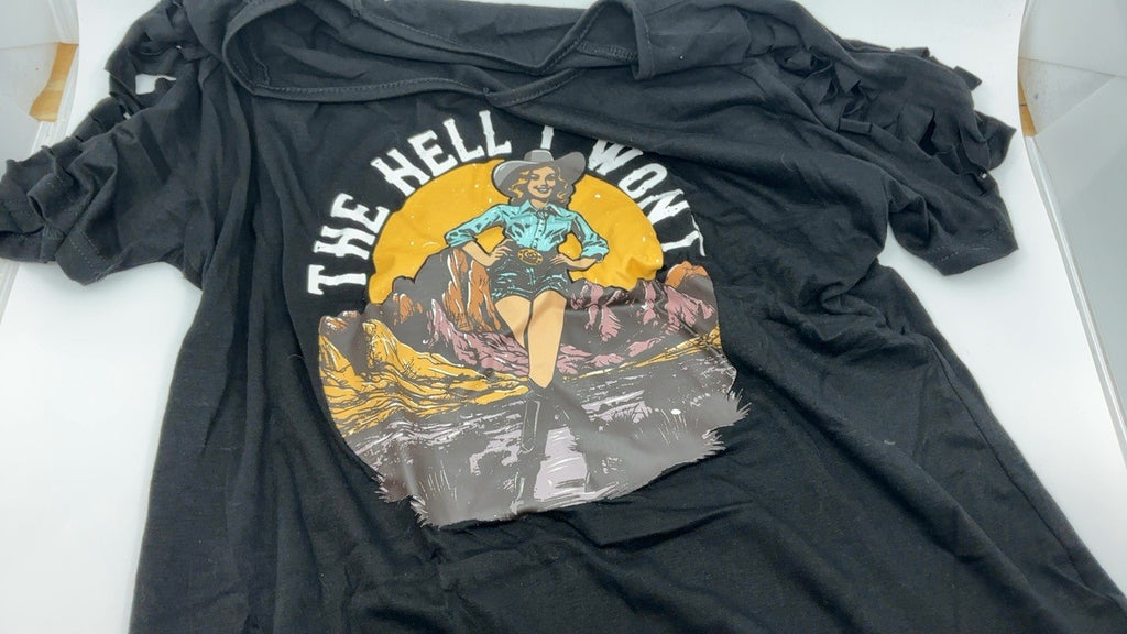 Womens Summer V-Neck Cowgirl Graphic T-Shirt The Hell I Won't Black L