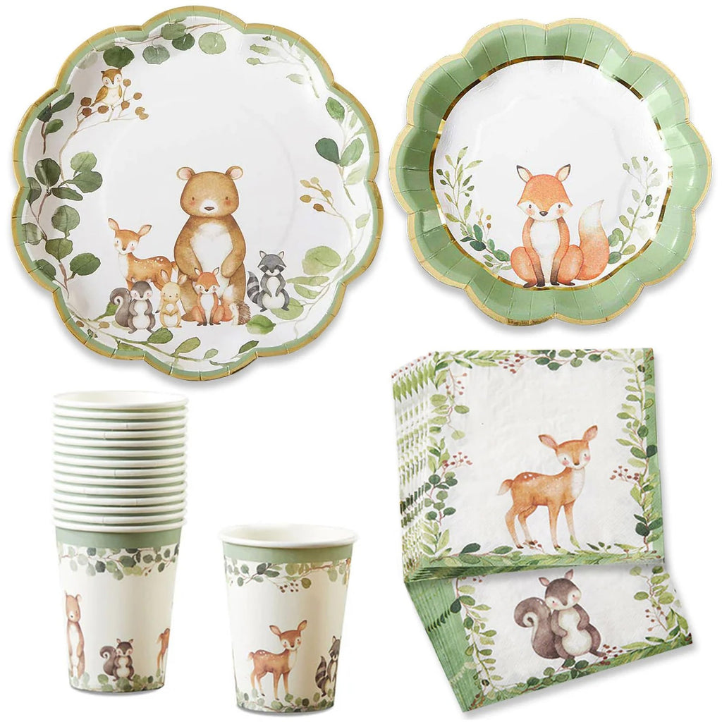 78 Pcs Woodland Baby Shower Tableware Set - Plates, Cups & Napkins