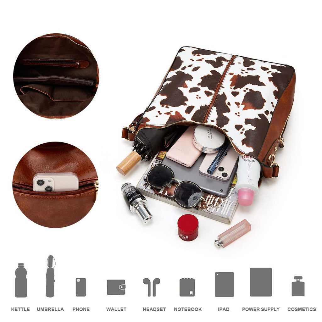 Women Tote Bag Set w/ Handbag, Messenger Bag & Wallet - A-Cow-Brown