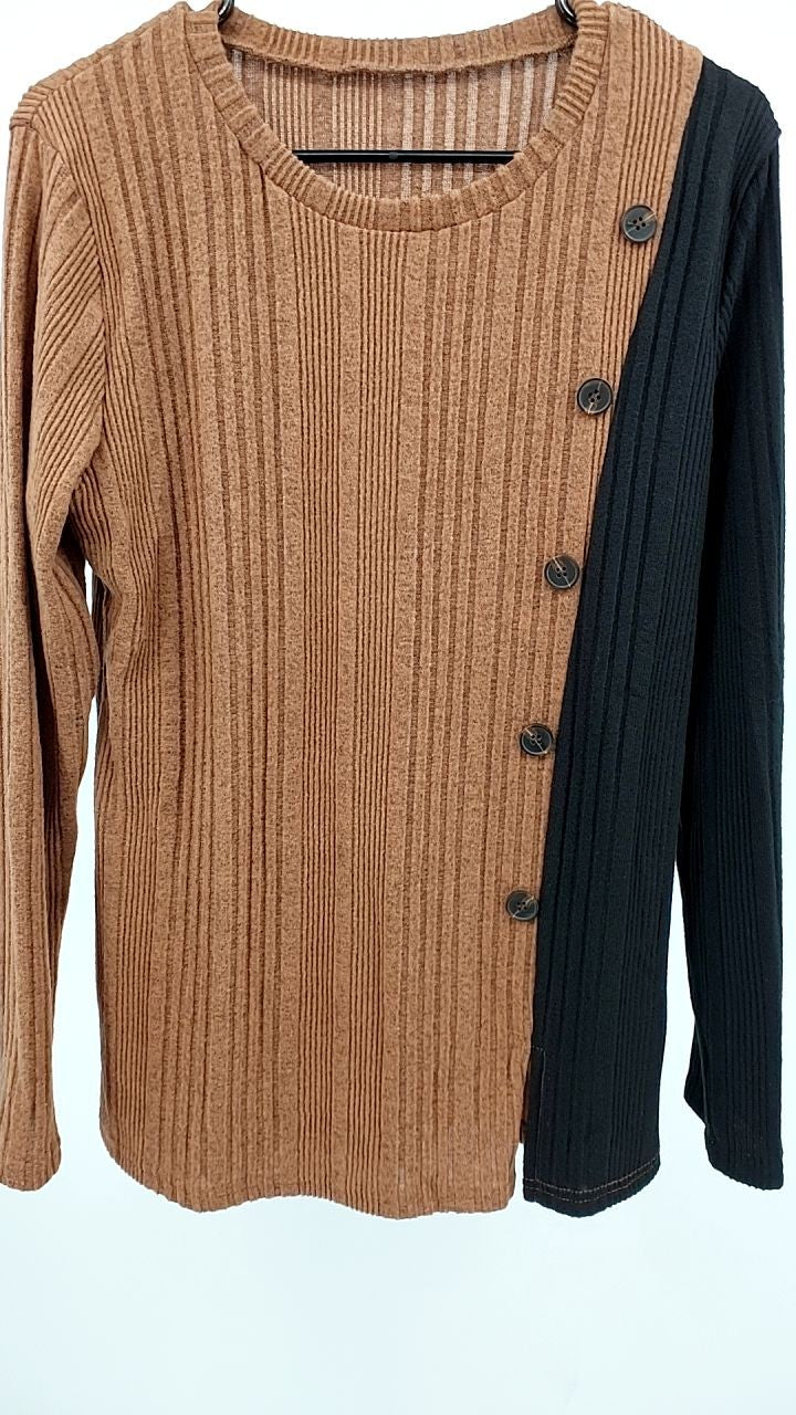 Color Block Ribbed Knit Decor Button T-Shirt