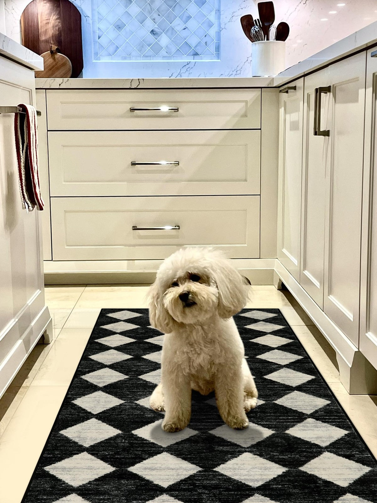 Washable 2x7 Runner Rug, Black & White Trellis, Soft & Stain Resistant