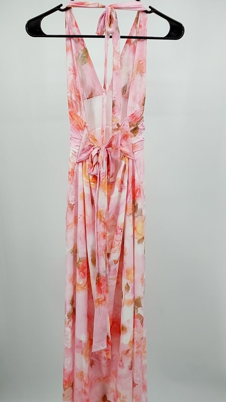 Floral Halter Neck Deep V Maxi Dress