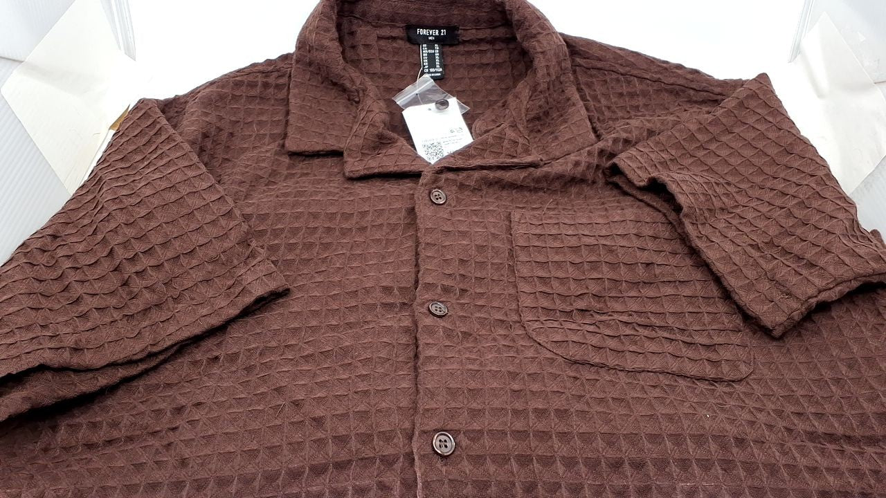Forever 21 Men's Waffle Knit Cuban Collar Shirt Dark Cocoa X-Large