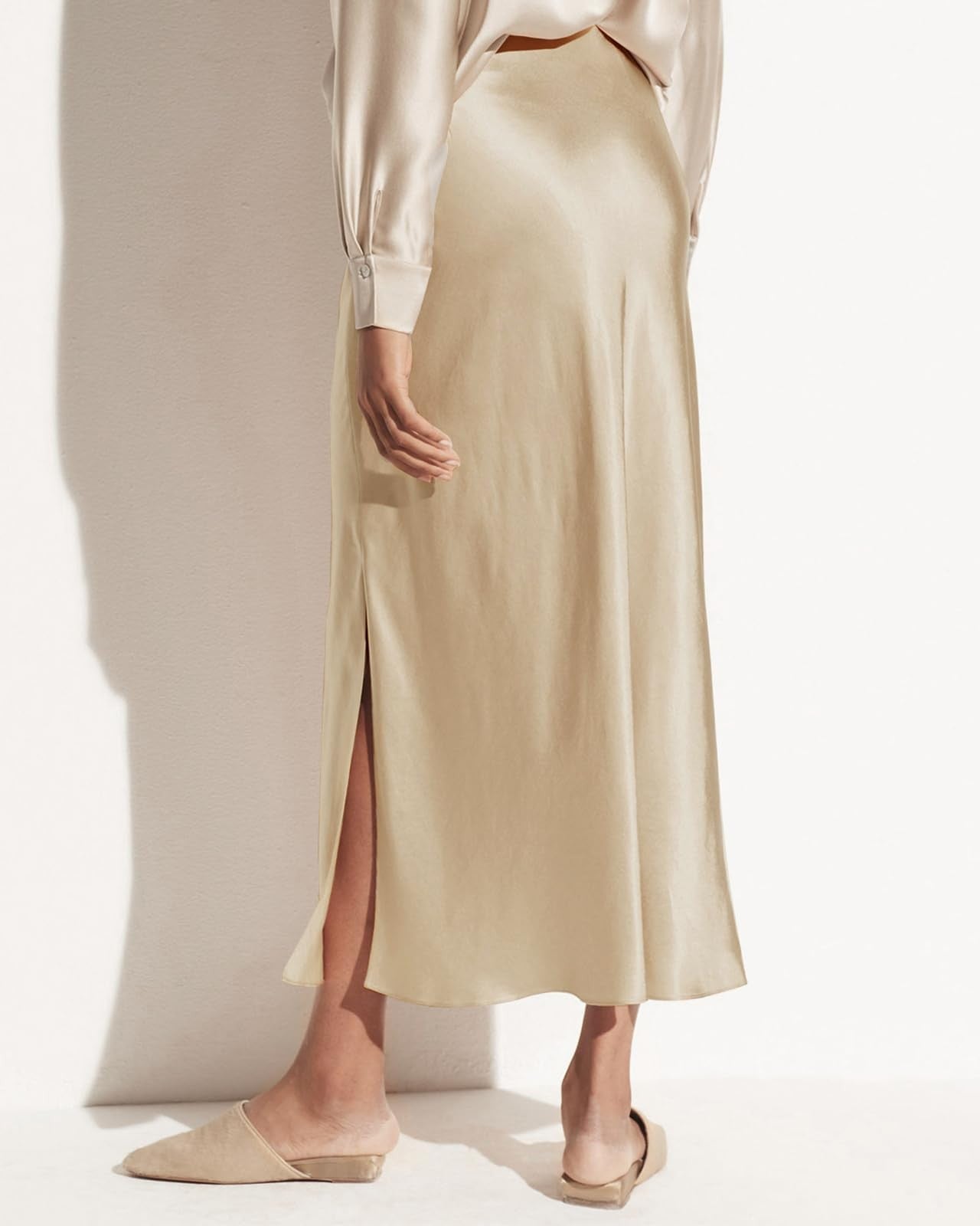 Women's Long Satin Maxi Skirt, High Waisted, Champagne, Size S