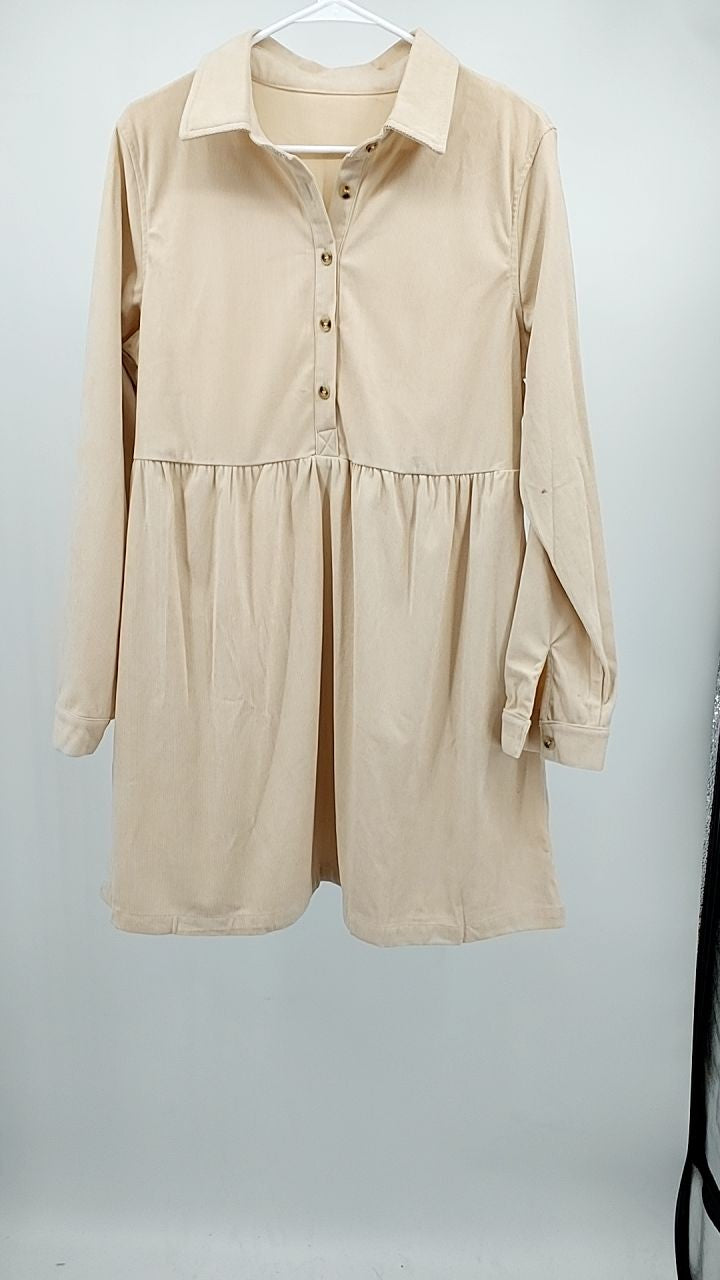 Corduroy Half Button Collared Long Sleeve Mini Dress
