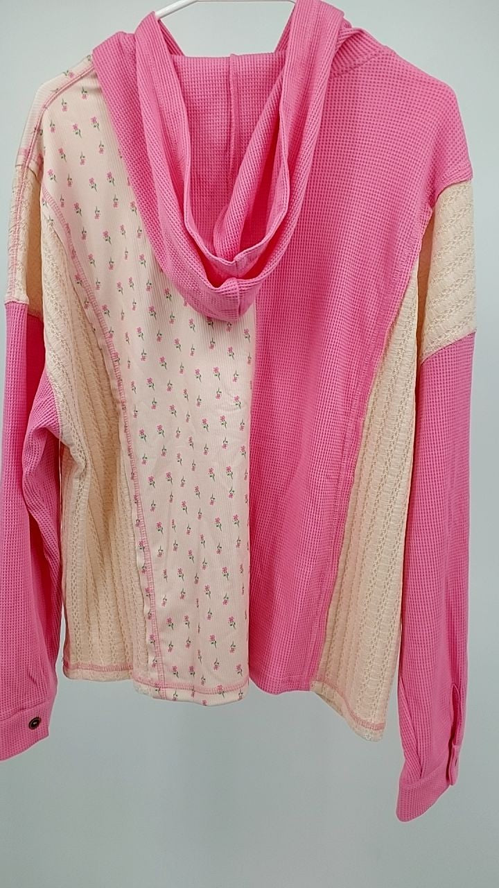 Mixed Texture Waffle Floral Patchwork Hooded Oversize Pullover
