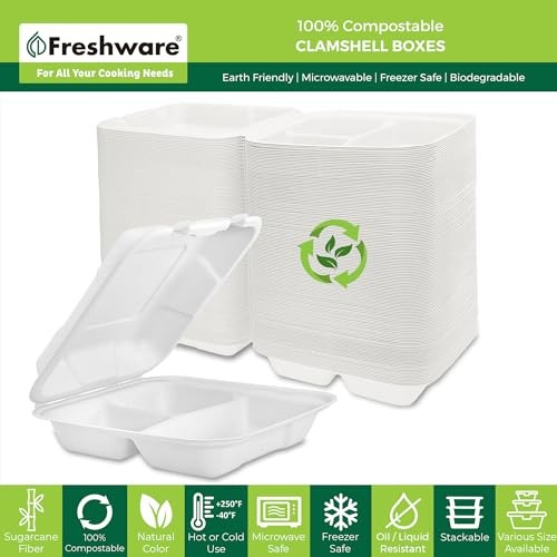 50-Pack 8x8 Compostable Clamshell Containers - Microwave & Freezer Safe