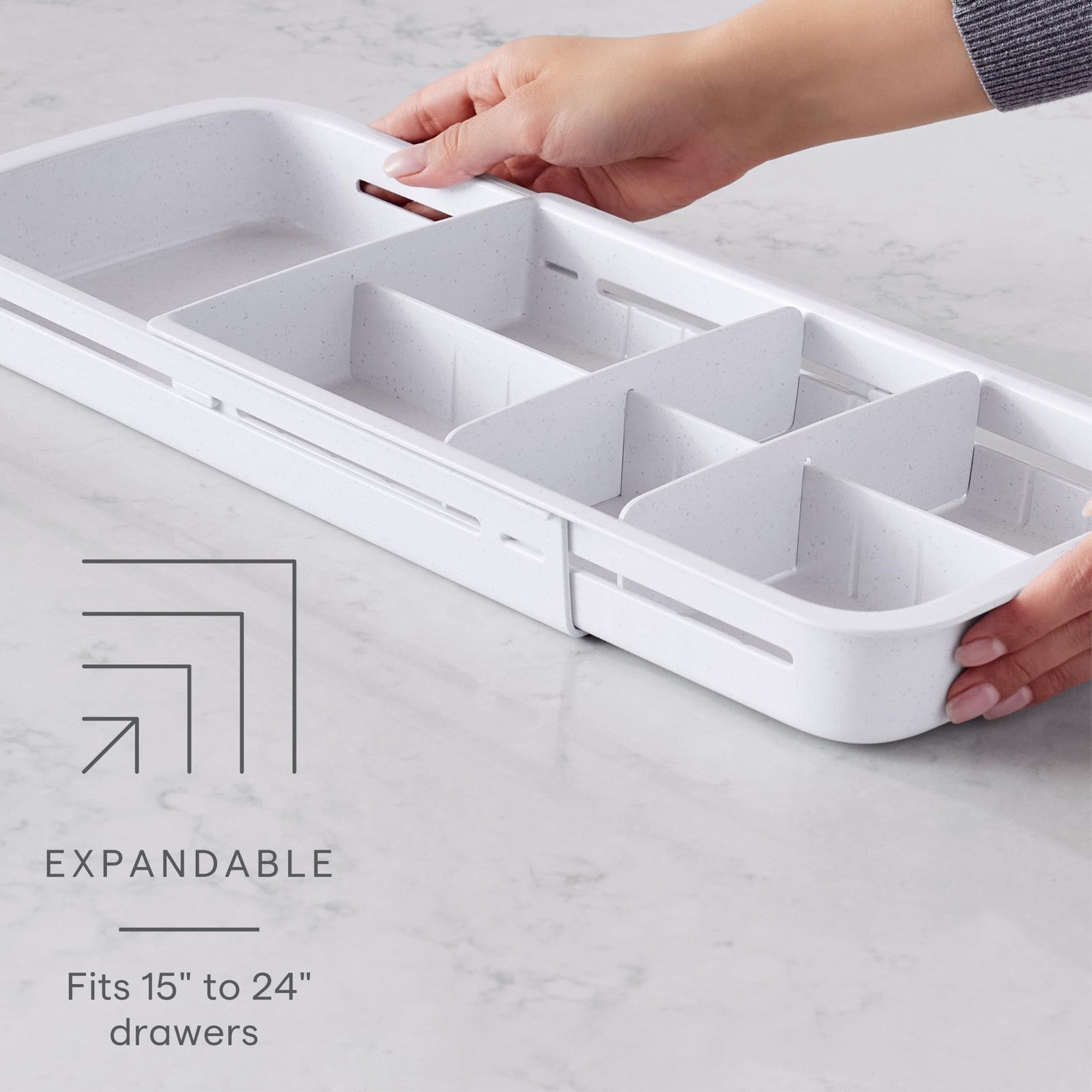 Adjustable Divided Drawer Tray, Expandable Kitchen Storage, Speckled White