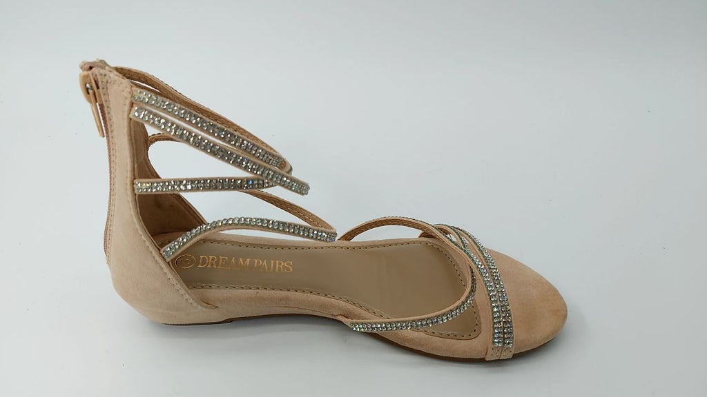 DREAM PAIRS Women's Size 5 Flat Sandals Gladiator Rhinestones Nude