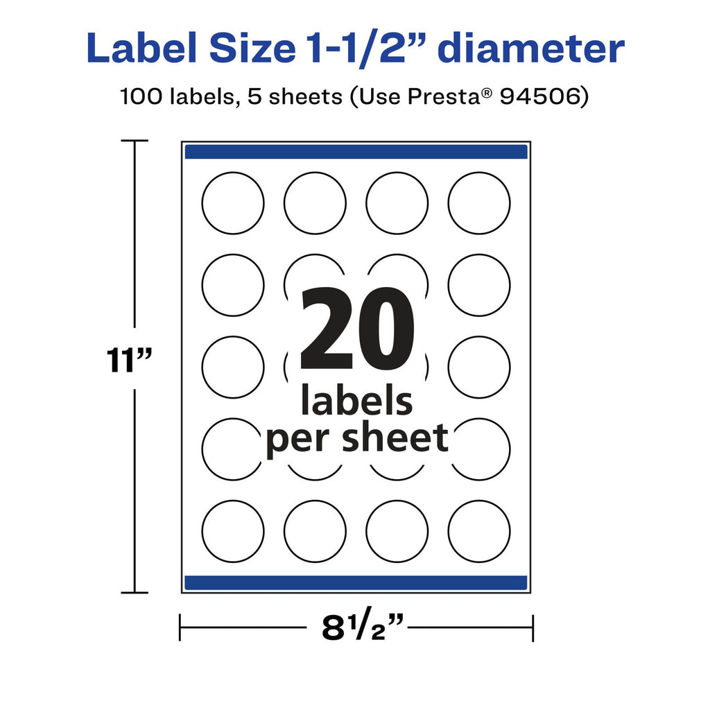Durable Waterproof Labels, 1.5 In, 100 Count, Laser & Inkjet Printable