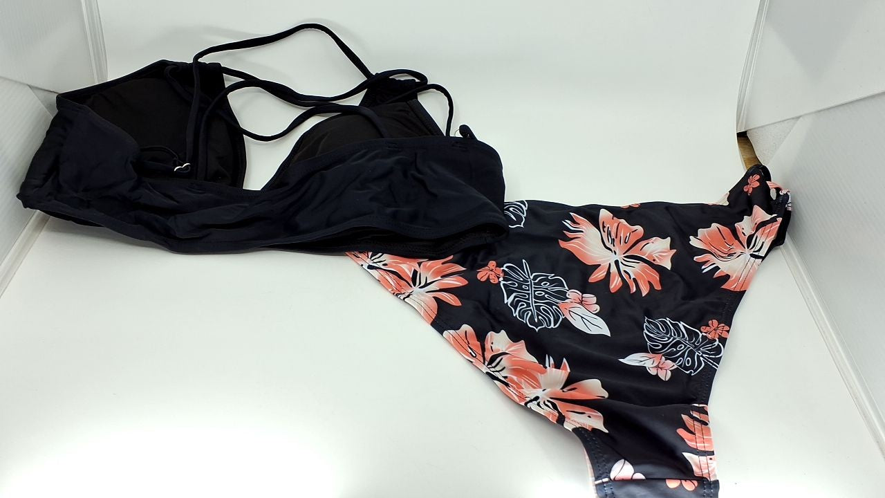Black Floral Women's Push Up Bikini Set w/ Criss Cross Straps