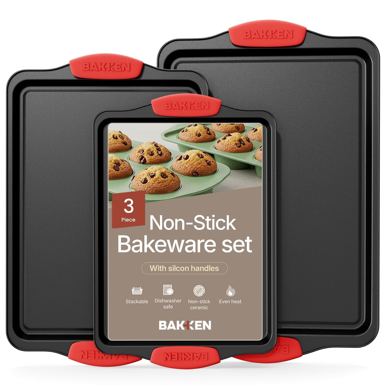 3 Piece Cookie Sheet Set - Non-Stick Carbon Steel w/ Silicone Handles