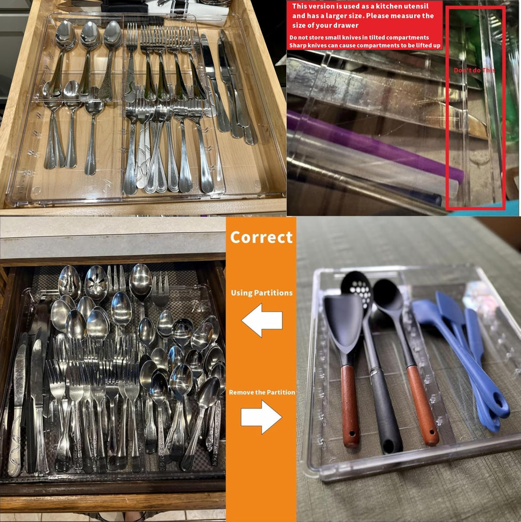 Large Silverware Organizer, Expandable from 12.6 to 21.3 in, Clear