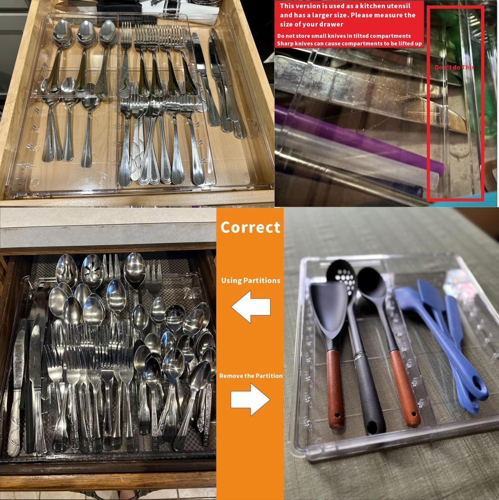 Large Silverware Organizer, Expandable from 12.6 to 21.3 in, Clear