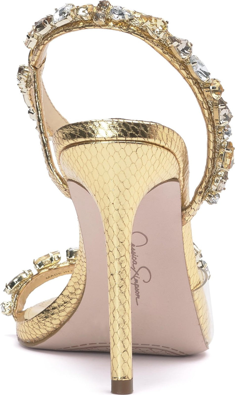 Jessica Simpson Women's Jaycin Embellished Heeled Sandal, Gold/Clear, 8.5