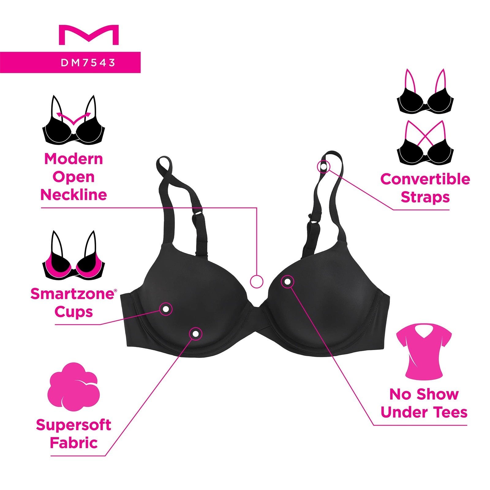 Maidenform 38C Black Underwire Demi Bra, Convertible T-Shirt Style