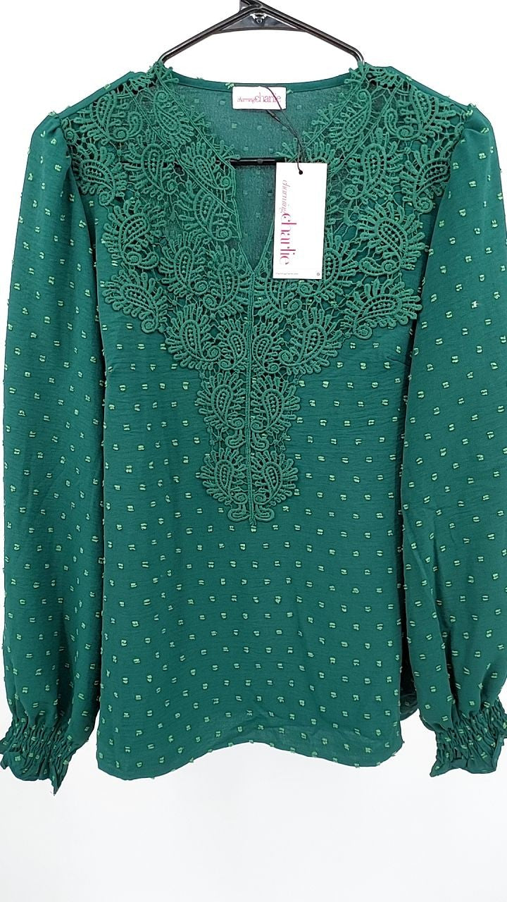 Swiss Dot Lace Detail Long Sleeve Blouse